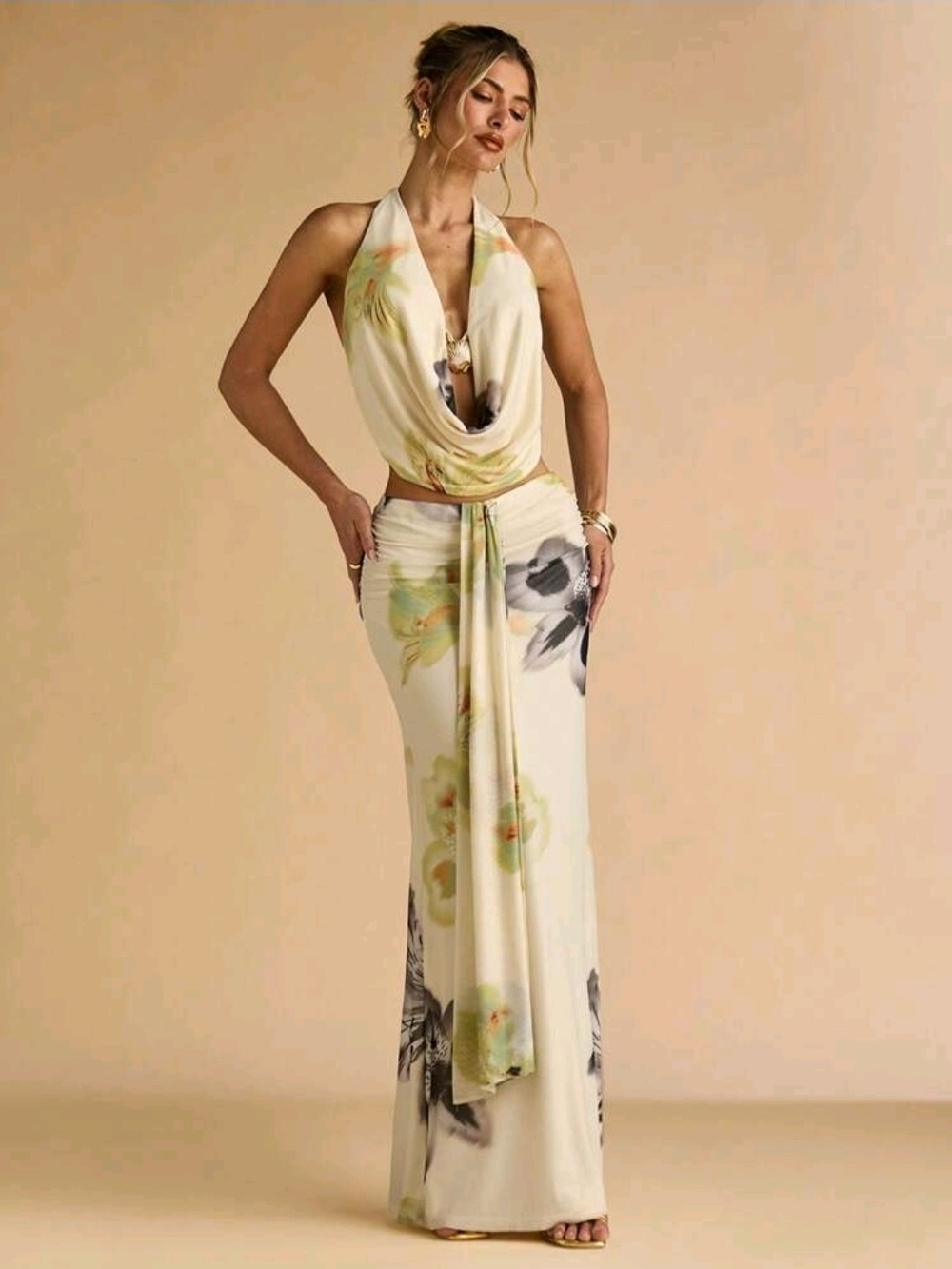BAE Two-Piece Set Flower Print Shell Metal Decor Halte Top & Pleated Long Skirts - Picture 7 of 7